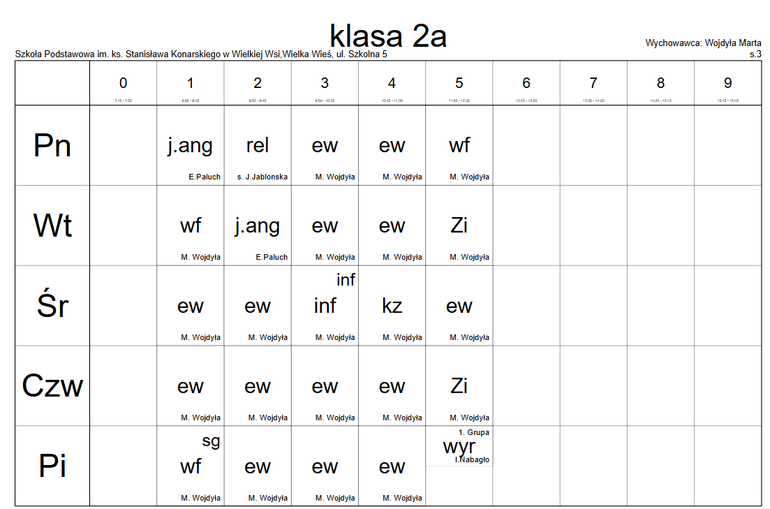 plan lekcji klasa  2a