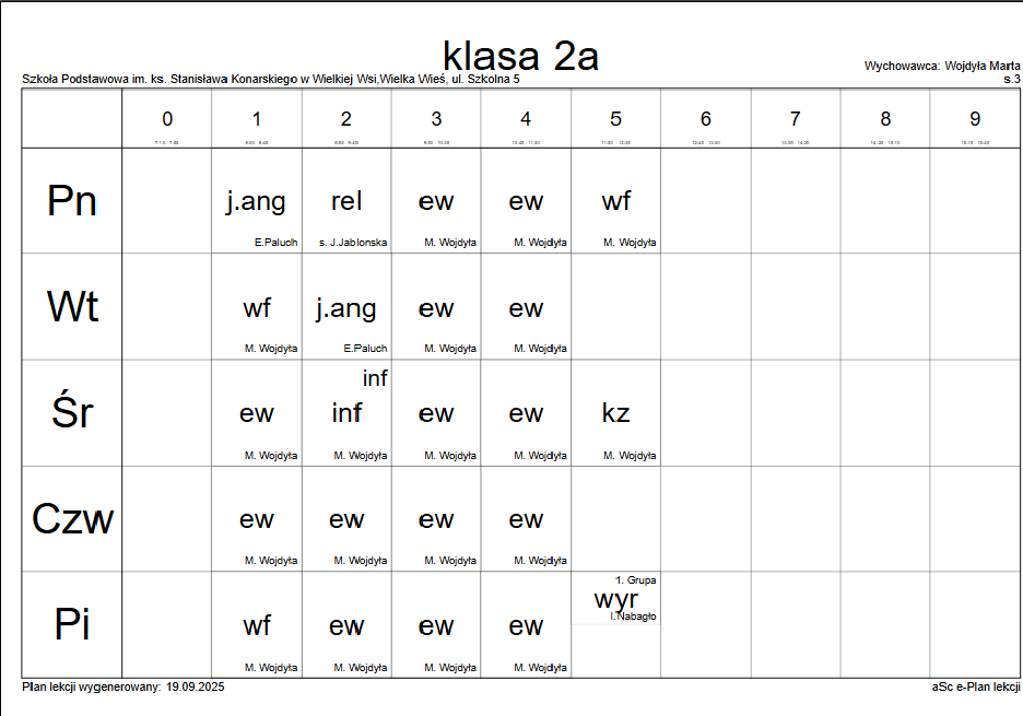 plan lekcji klasa 2a